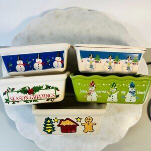 Vintage Lot Of 5 Holiday Ceramic Loaf Pans Festive Approx size 8" X 2" Bake Gift